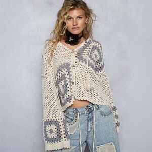 POL Bohemian Cream Granny Square Crochet Cardigan Sweater S M L